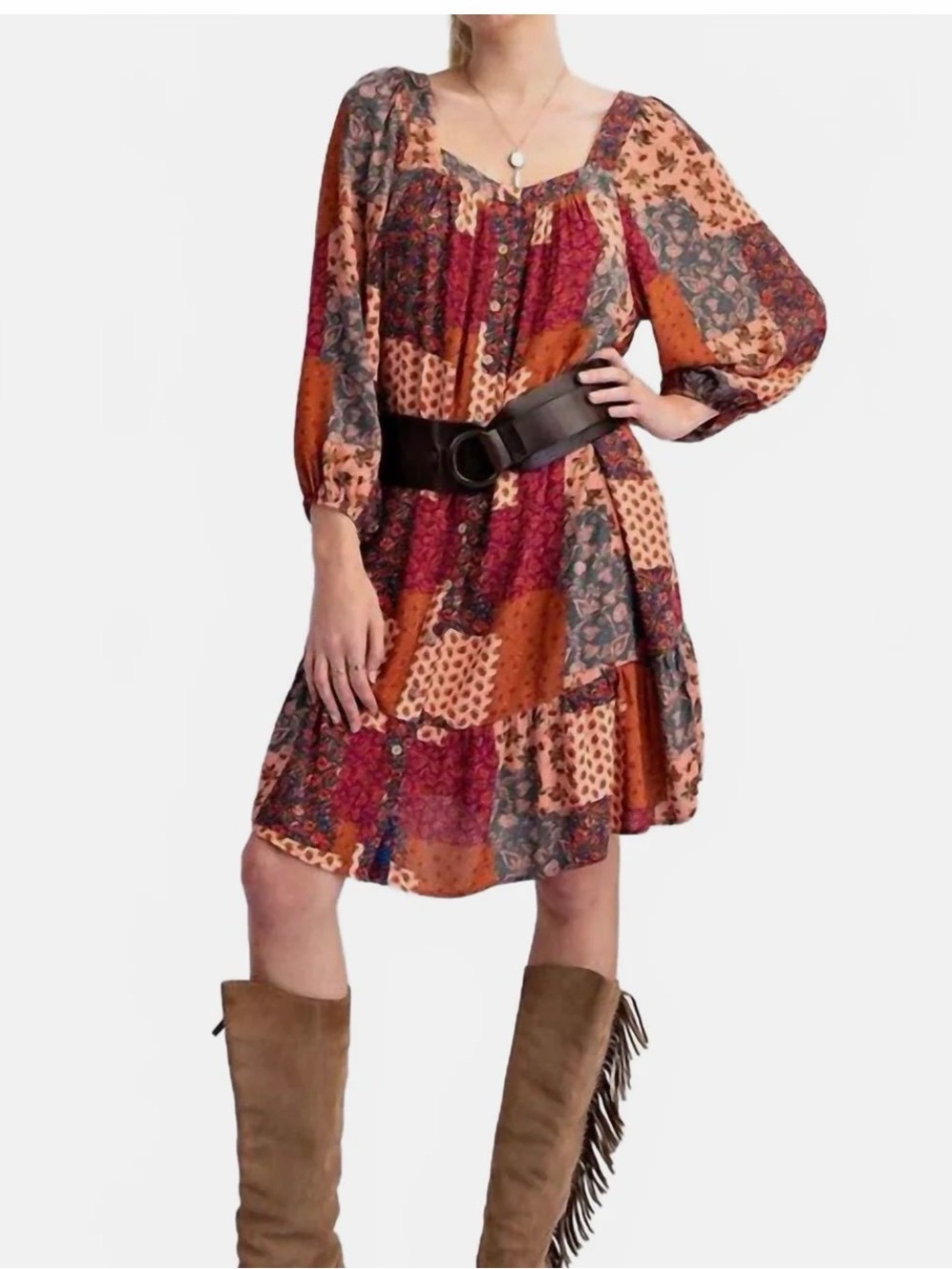 easel Brown and Burgundy Patchwork Mini Dress - Picture 15 of 15